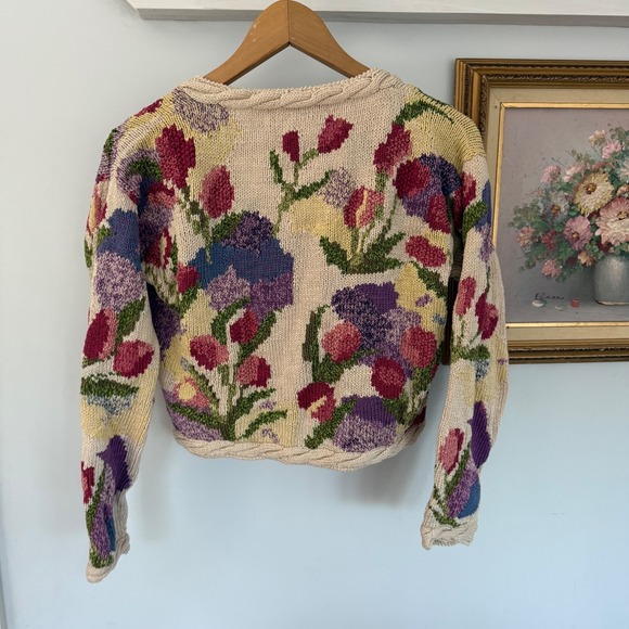Peruvian Connection Pima Cotton Floral Knit Cardigan Sweater –‎ Size S Cream - Picture 3 of 9